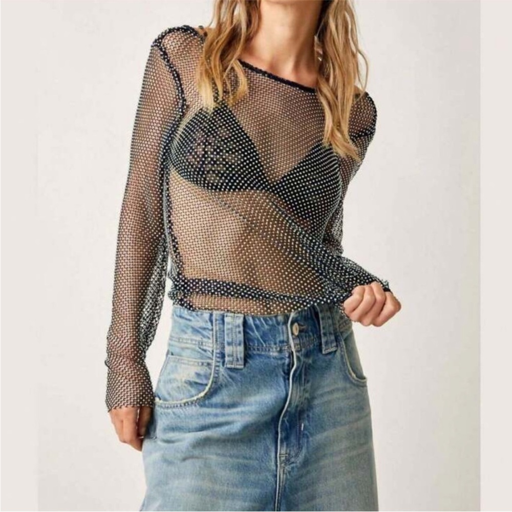 NEW Free People Filter Finish Long Sleeve Netted Rhinestone Top Navy